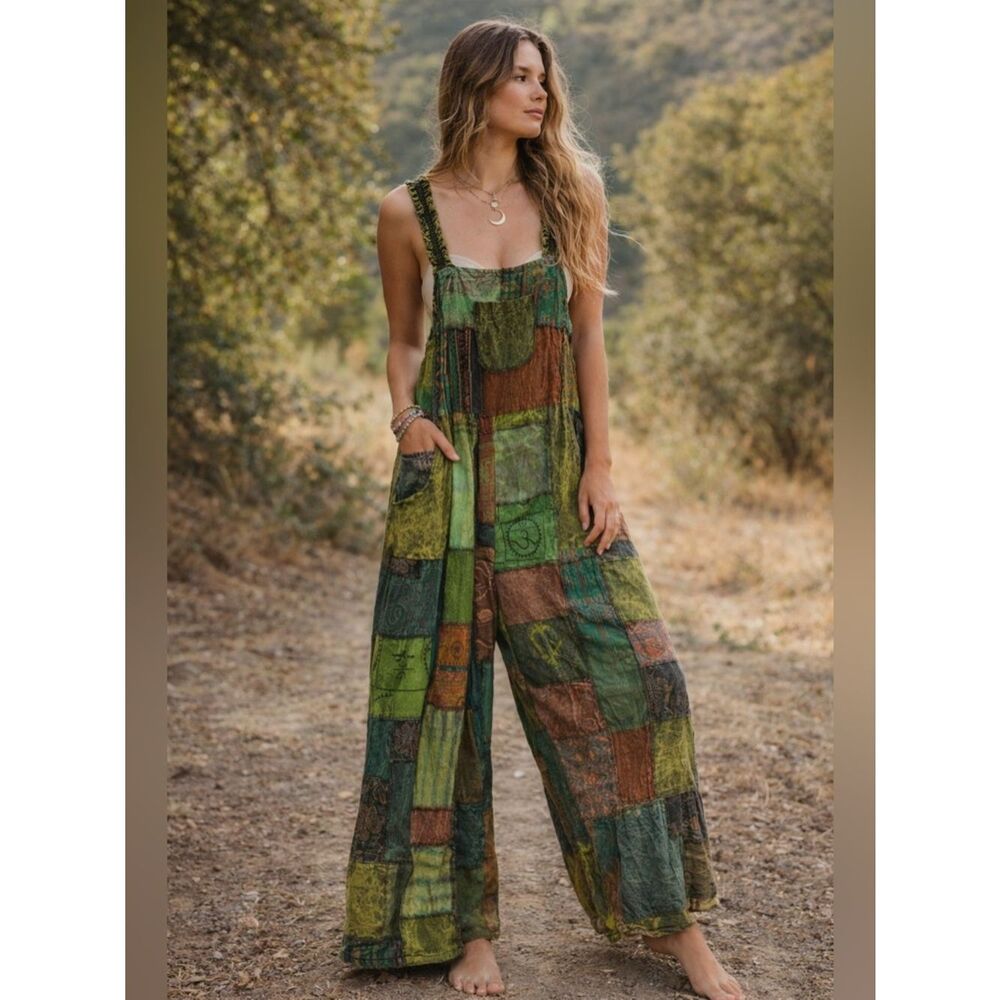 Kathmandu Imports Patchwork Overalls Wide Leg Boho Festival Jumpsuit XL
